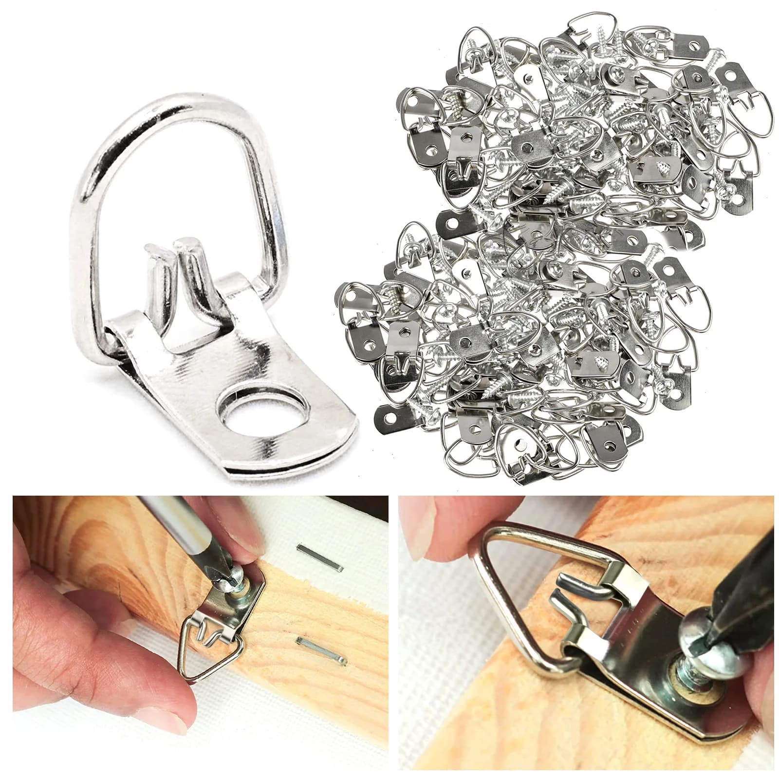 100 pcs/set silver metal D-ring hanging oil painting mirror frame clothes hangers art work photo wall hook with screw kit