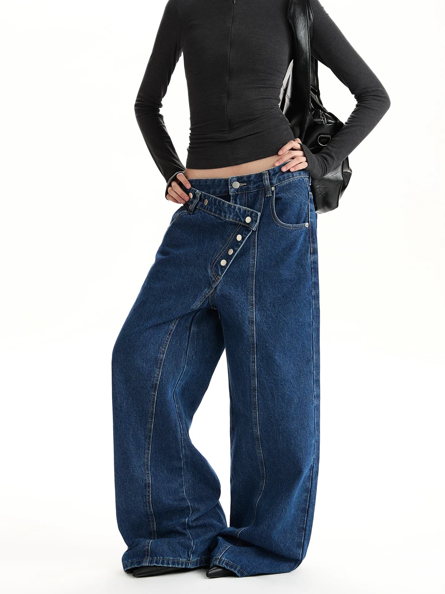 VATTY Retro Street Style Loose Straight Leg Jeans Women's Button Detailing Casual Cotton Denim High Waist Ankle Length