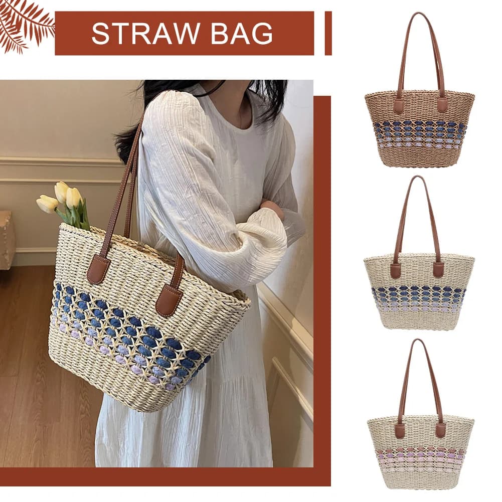 Borsa tote grande da donna in paglia intrecciata con chiusura a cerniera, borsa a spalla estiva alla moda per spiaggia e viaggi