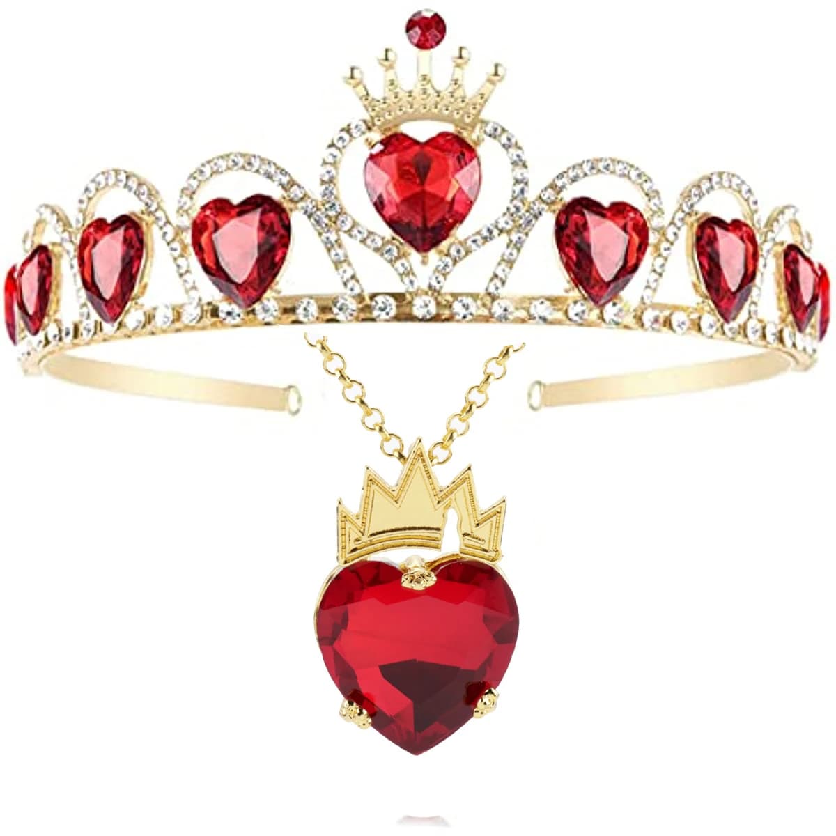 Evie Collana con cuore rosso reale Tiara Discendenti Set di gioielli con corona a cuore rosso Regina di cuori Eive Costume per ragazza adolescente Halloween