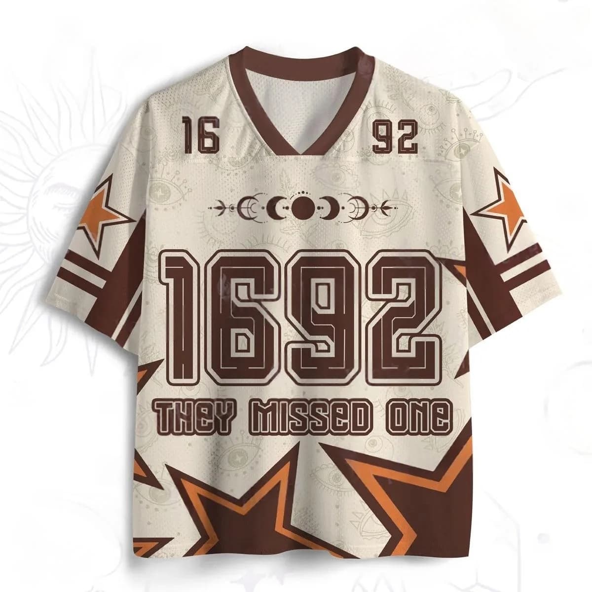 1692 They Missed One Salem Witch Football Jersey Moon Phase Evil Eye Star Print V Neck Short Sleeve Halloween Retro Sports Tee