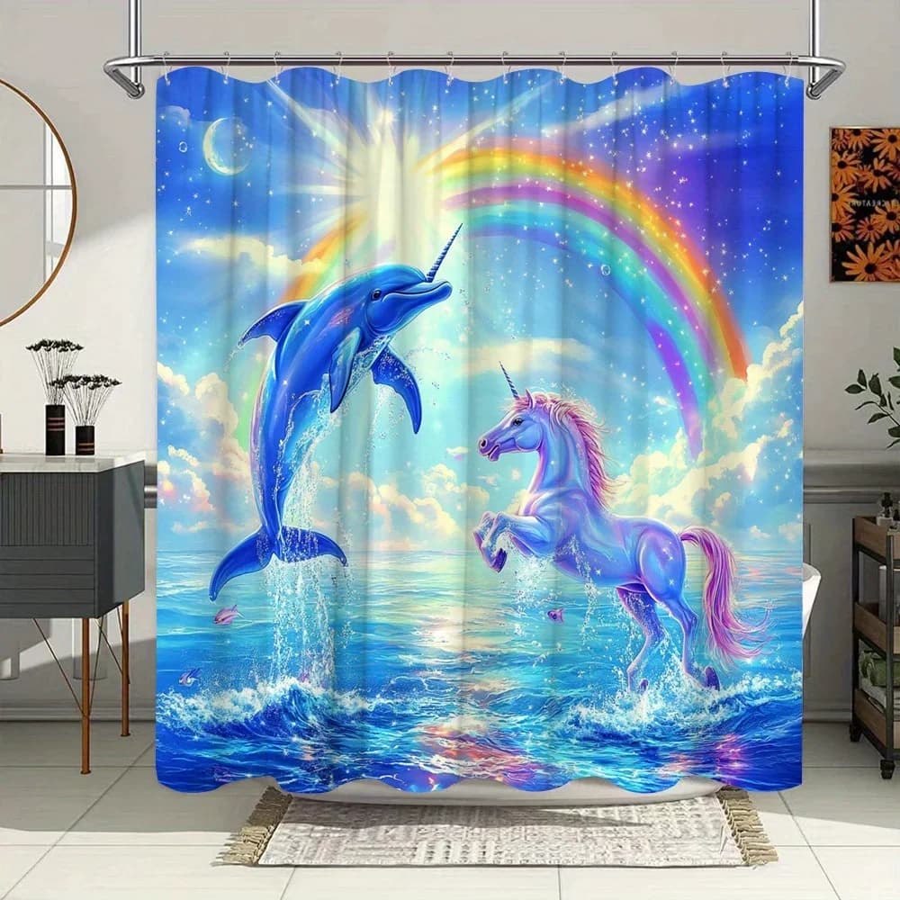 Tenda da doccia con creature magiche - Unicorno e delfino, Rainbow Dreamland, stile acquerello, poliestere resistente all'acqua