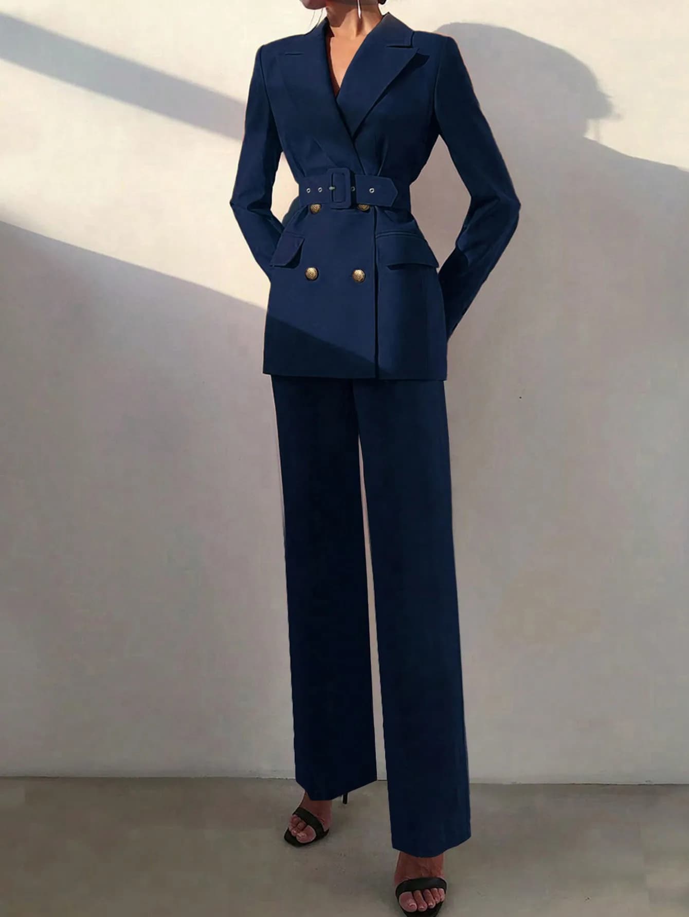 Giacca blazer doppiopetto da donna 2 pezzi con cintura e pantaloni a gamba dritta in vita elastica, set da lavoro d'ufficio, business casual