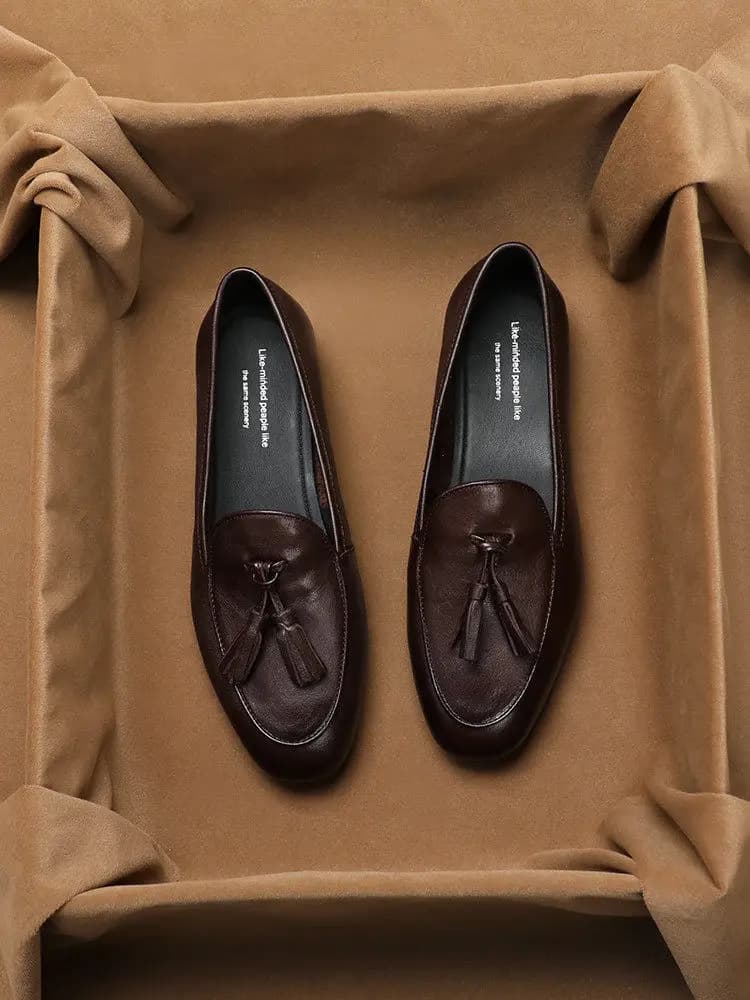 Mocassini da donna con nappine primaverili, punta tonda, stile vintage, slip-on, con tacco coperto, per esterni