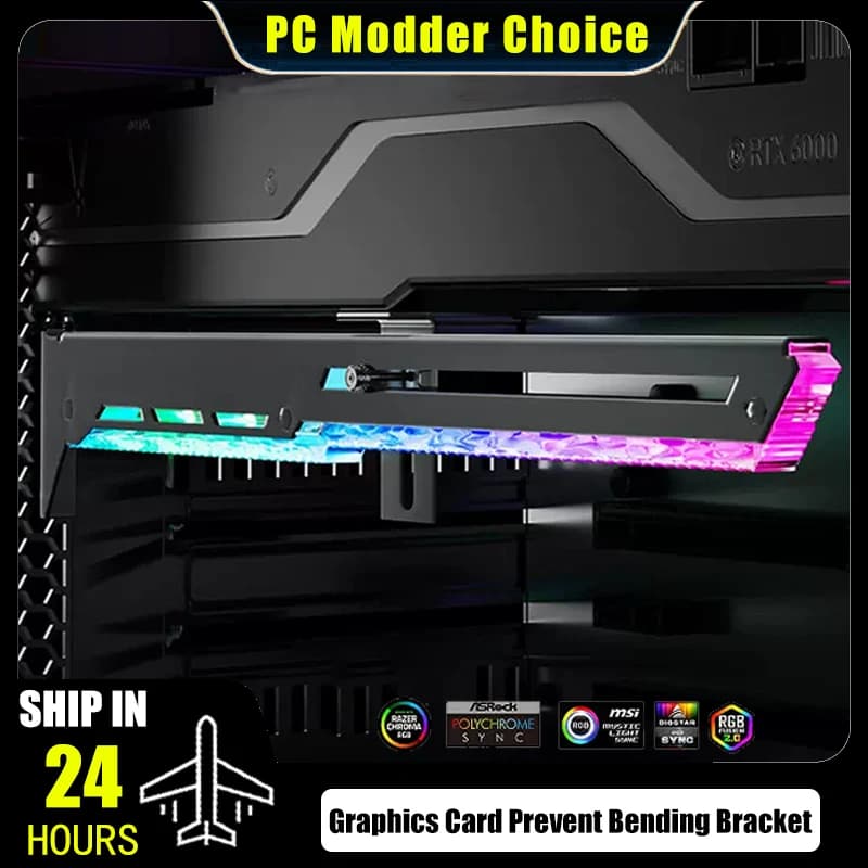 Graphics Card Holder Prevent Bending Bracket ARGB 5V AURA, Diamond Patterned Luminescence Design Horizontal Holder, Black/White