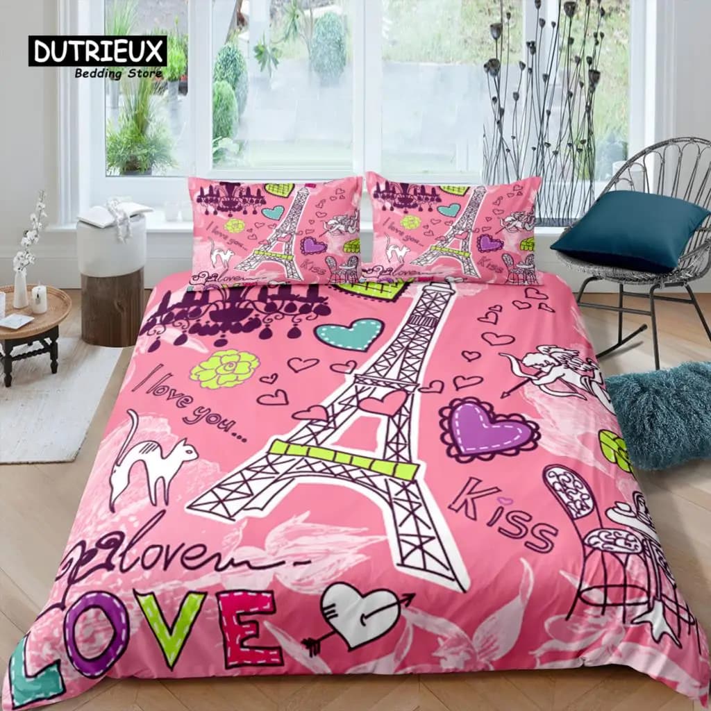 Home Living Set di biancheria da letto di lusso 3D rosa Parigi Set copripiumino per ragazza Federa Set biancheria da letto per bambini Queen e King Taglia EU/US/AU/UK