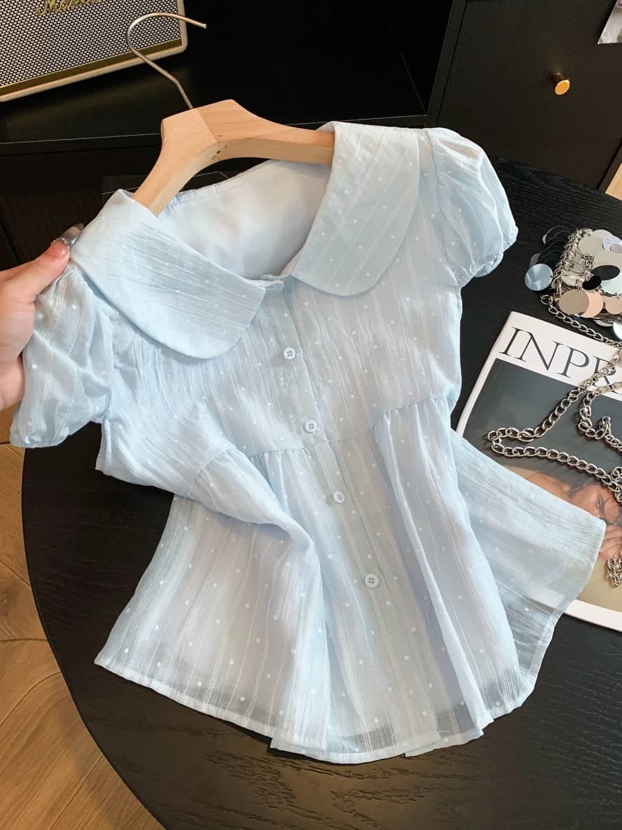 Korean Sweet Style Short Sleeve Doll Collar Loose Thin Shirt Women's Summer New College Style Anti-Aging Polyester Fiber Blouse