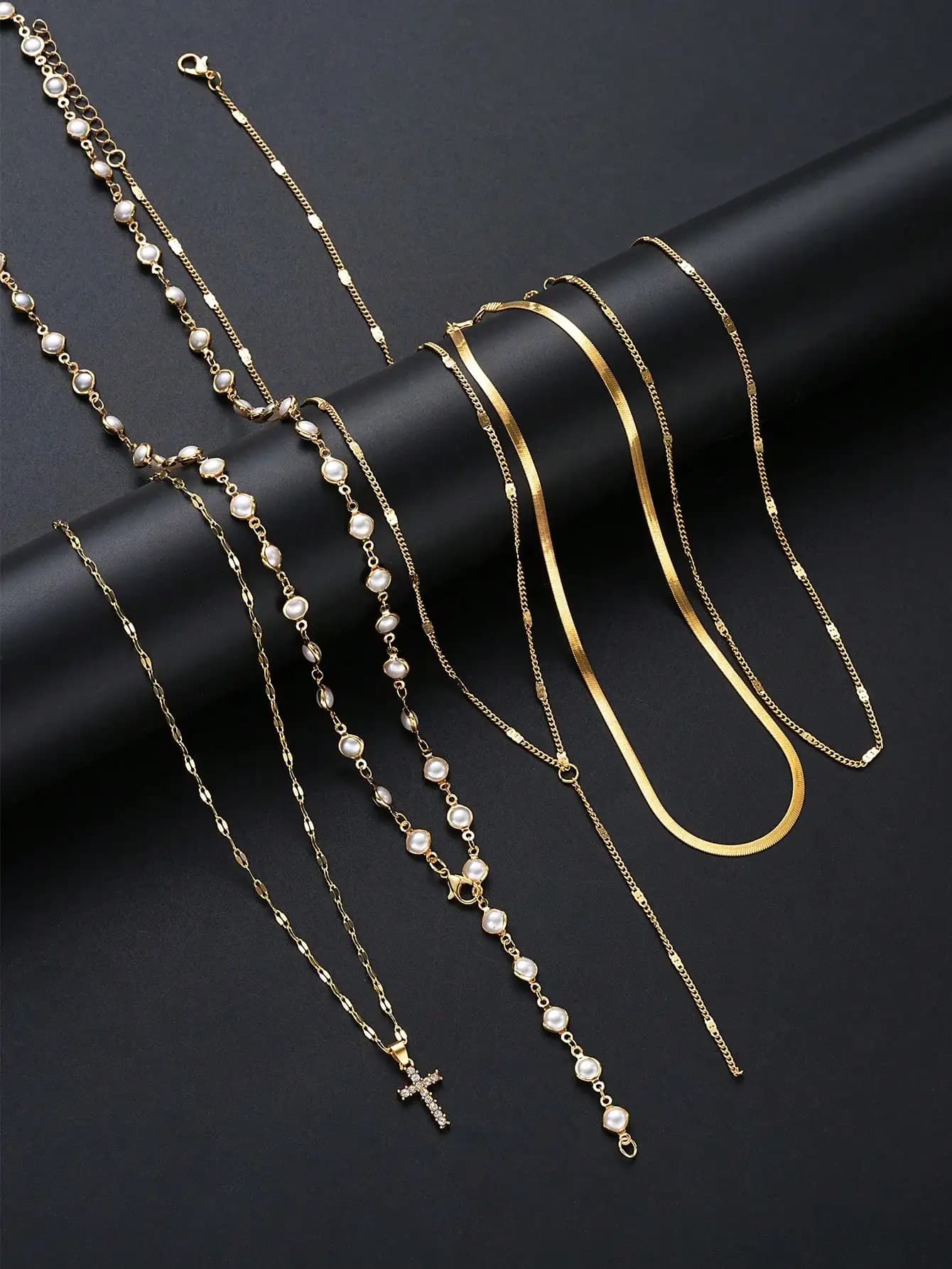 Set di collane a strati con perle finte e croce, 5 pezzi, per donna, gioielli multistrato con catena lunga a forma di Y