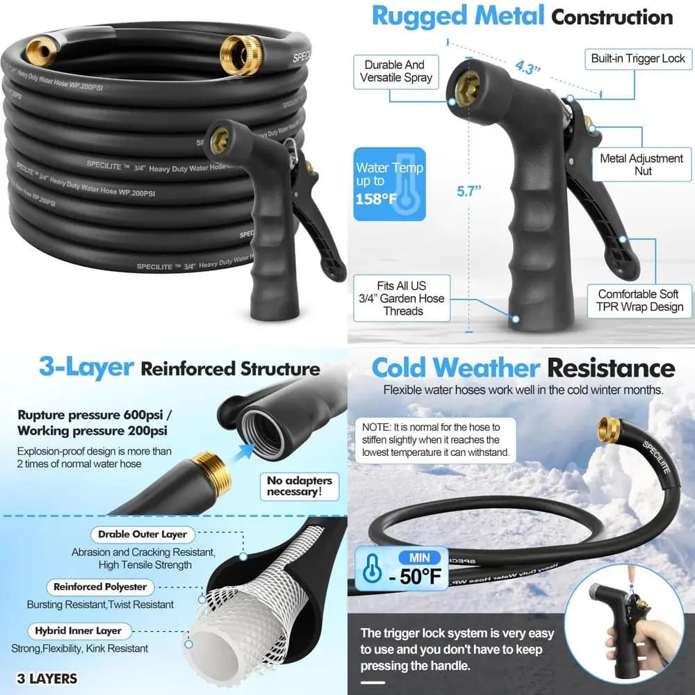 Tubo da giardino flessibile ad alta pressione durevole da 75 piedi con ugello industriale, scoppio da 600 psi, uso con acqua calda/fredda, leggero per esterni