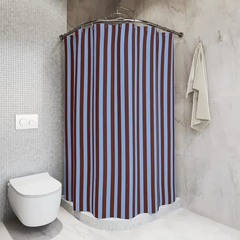Tenda da doccia a strisce rosse blu colorate audace - Decorazione da bagno vibrante con motivo a strisce