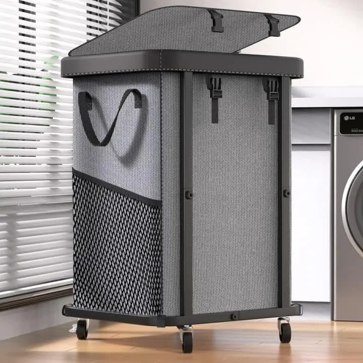 150L Large Whitery Basket with Wheels, Removable and Washable Bag, Robust Metal Frame for Bedroom and Laundry