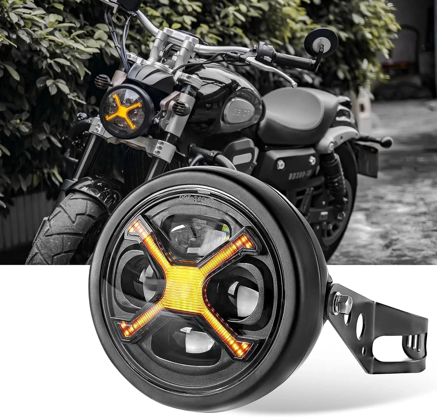 Kit Faro LED X DRL Ambra da 5-3/4 Pollici, Faro a Proiezione Black Knight per Harley Dyna Street Bob Super Glide