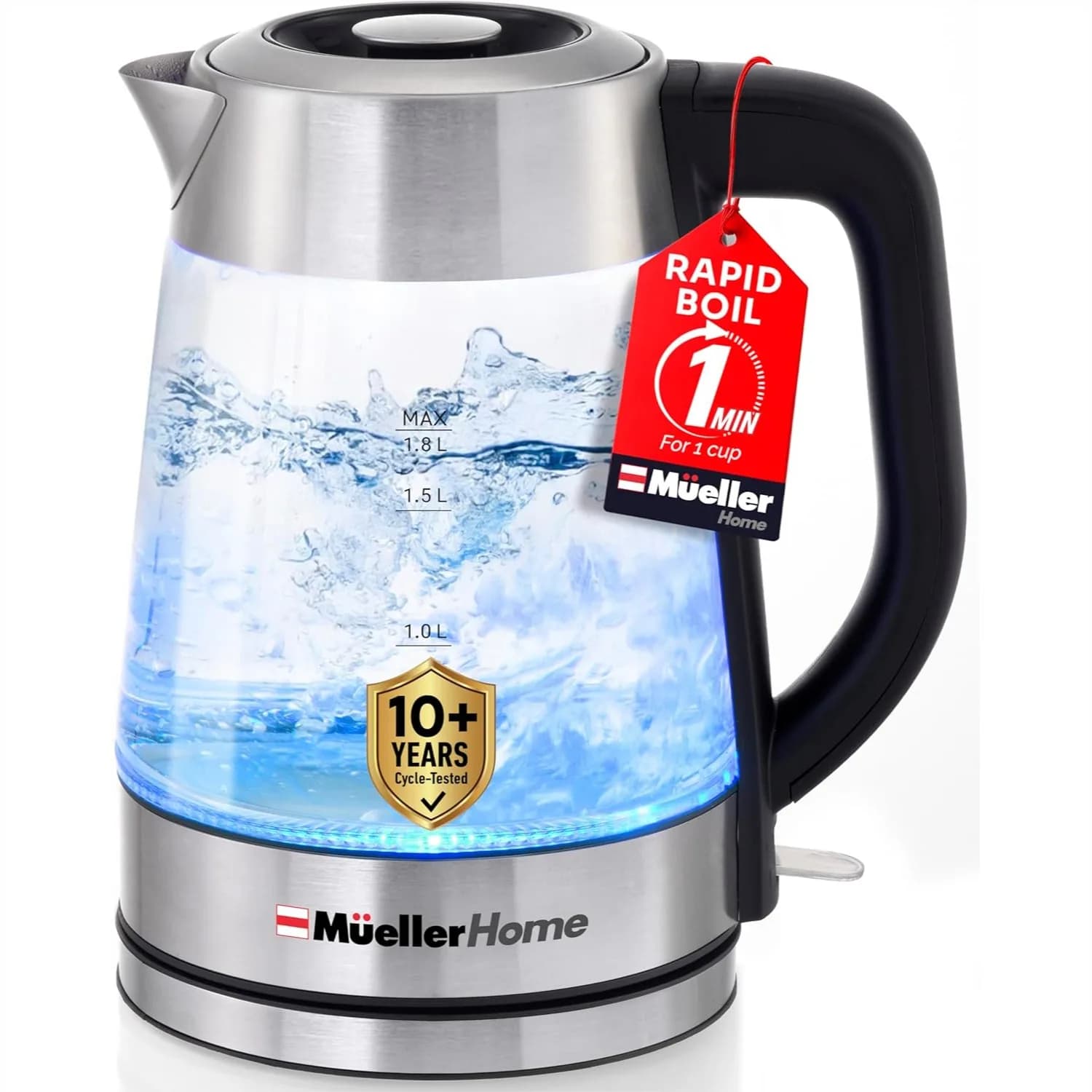 Bollitore Elettrico 1.8L in Vetro Borosilicato e Acciaio Inossidabile, Riscaldamento Rapido con Luce LED e Spegnimento Automatico