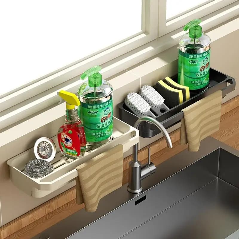 № No-Drill Kitchen Sponge Drying Rack Sink Caddy For Dish Soap With Towel Bar Bathroom Storage Holder