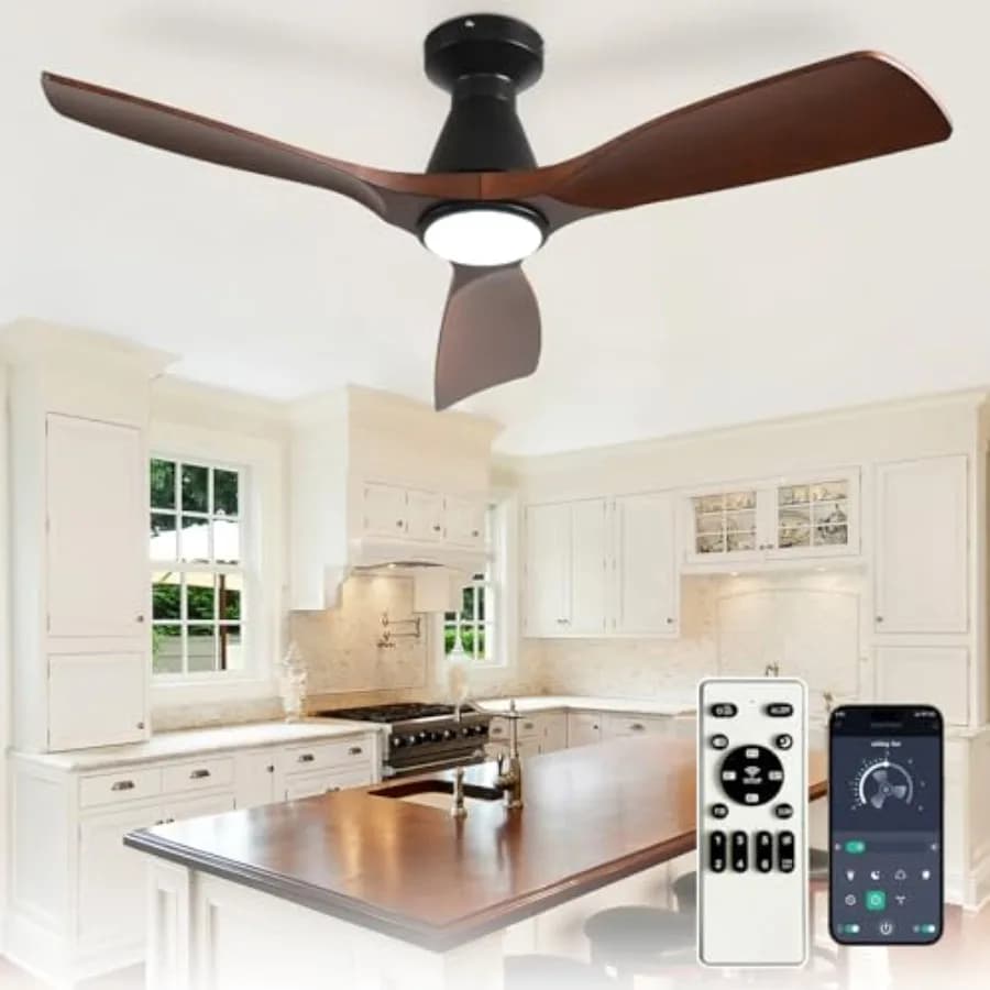 Bedroom ceiling fan: walnut 3-blade flush mount, dimmable light, remote APP control, ultra quiet DC motor, timer, indoor outdoo