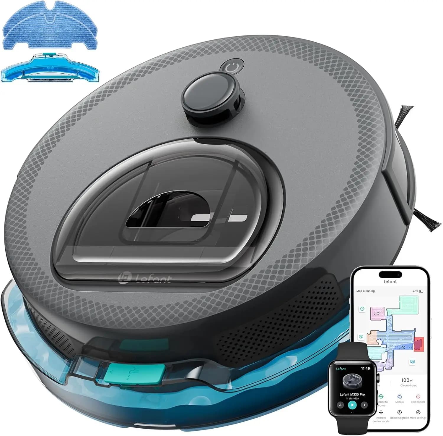 Robot Aspirapolvere e Lavapavimenti LiDAR, Contenitore Polvere da 450ml, Forte Aspirazione, Mappatura Multi-Piano, Ricarica Automatica, WiFi/Alexa/APP, M330 Pro Grigio