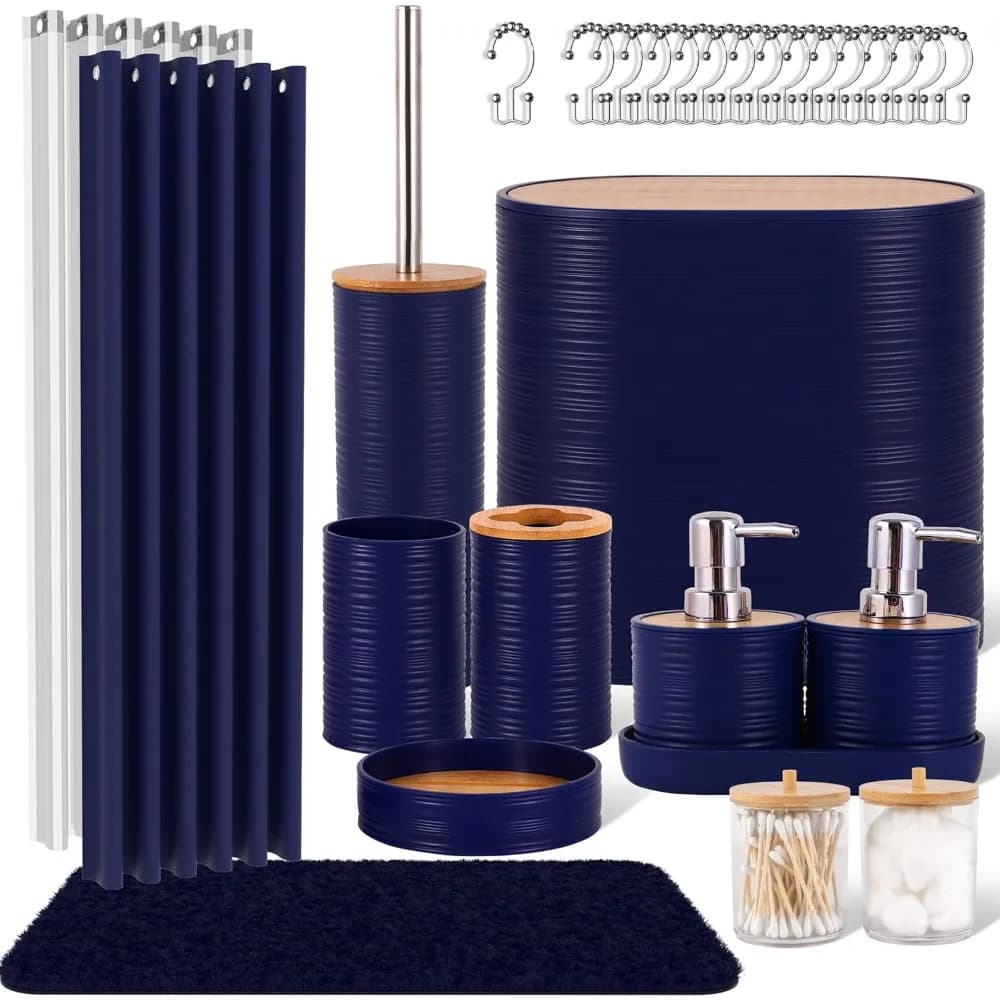 Set da bagno blu navy 25 pezzi con tenda da doccia Tappetino da bagno Tappeti Cestino portaspazzolino Dispenser di sapone Vassoio per tazze WC
