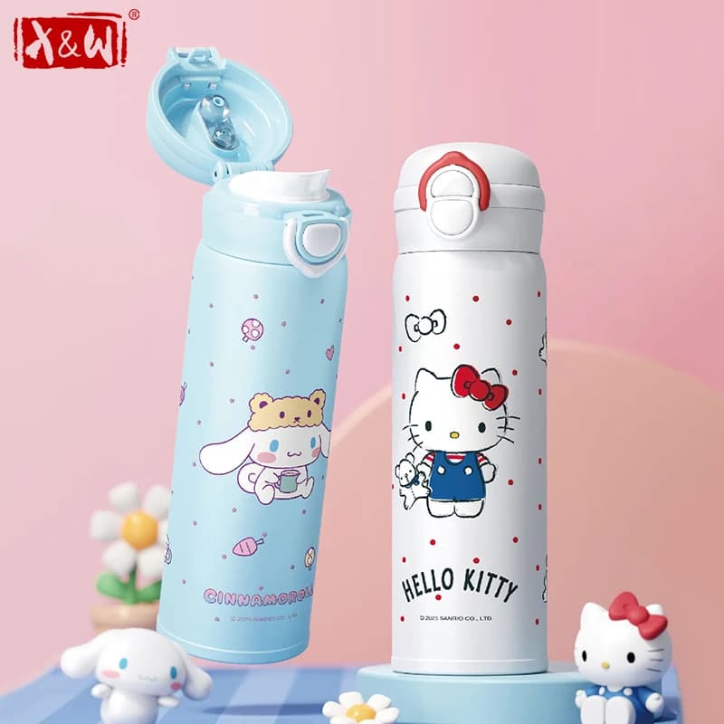 X&W Tazza Termica Sanrio Kuromi Hello Kitty in Acciaio Inossidabile, Bottiglia d'Acqua Isolata 500ml, Borraccia Portatile con Cannuccia per Bambini