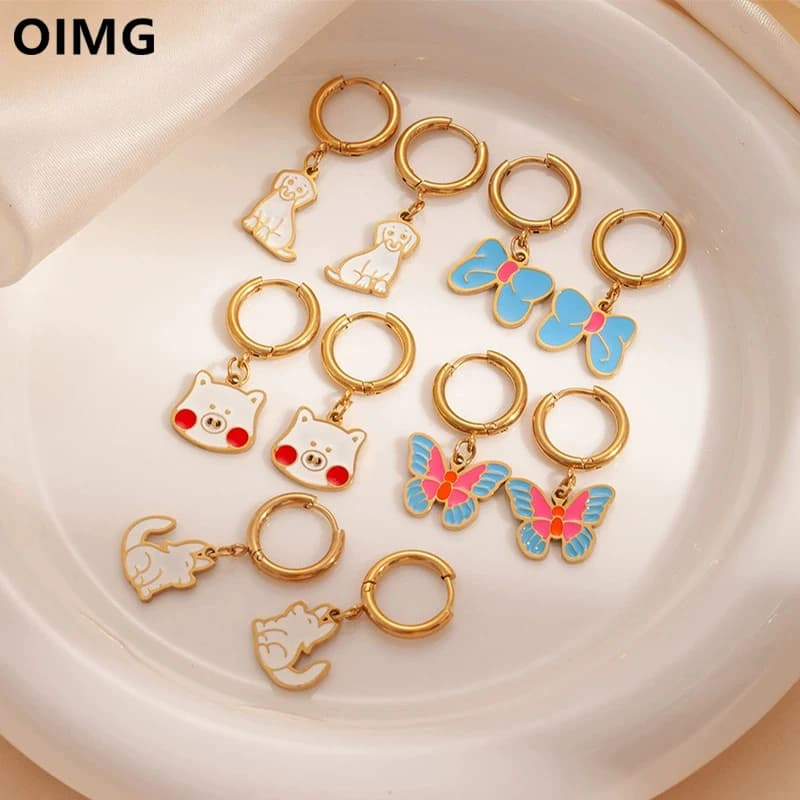 OIMG Acciaio inossidabile 316L Stili multipli Natale Animale carino Maiale Cane Ciondolo Orecchino ad anello Smalto Gioielli da donna Impermeabili