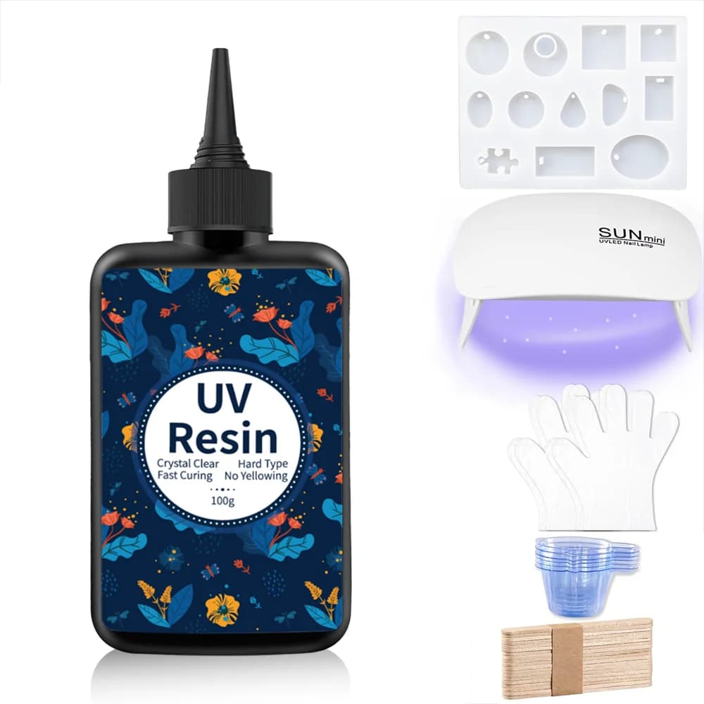 Kit in resina UV da 200 g con luce (100 g x 2 bottiglie) - Resina epossidica a polimerizzazione rapida ad attivazione solare cristallina per la creazione di gioielli, fai da te