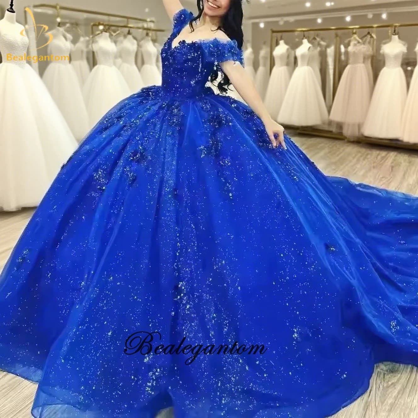 Bealegantom Shiny Royal Blue Abiti stile Quinceanera con spalle scoperte Perline di cristallo Festa di compleanno Sweet 16 Abiti da 15 Anos BQ1