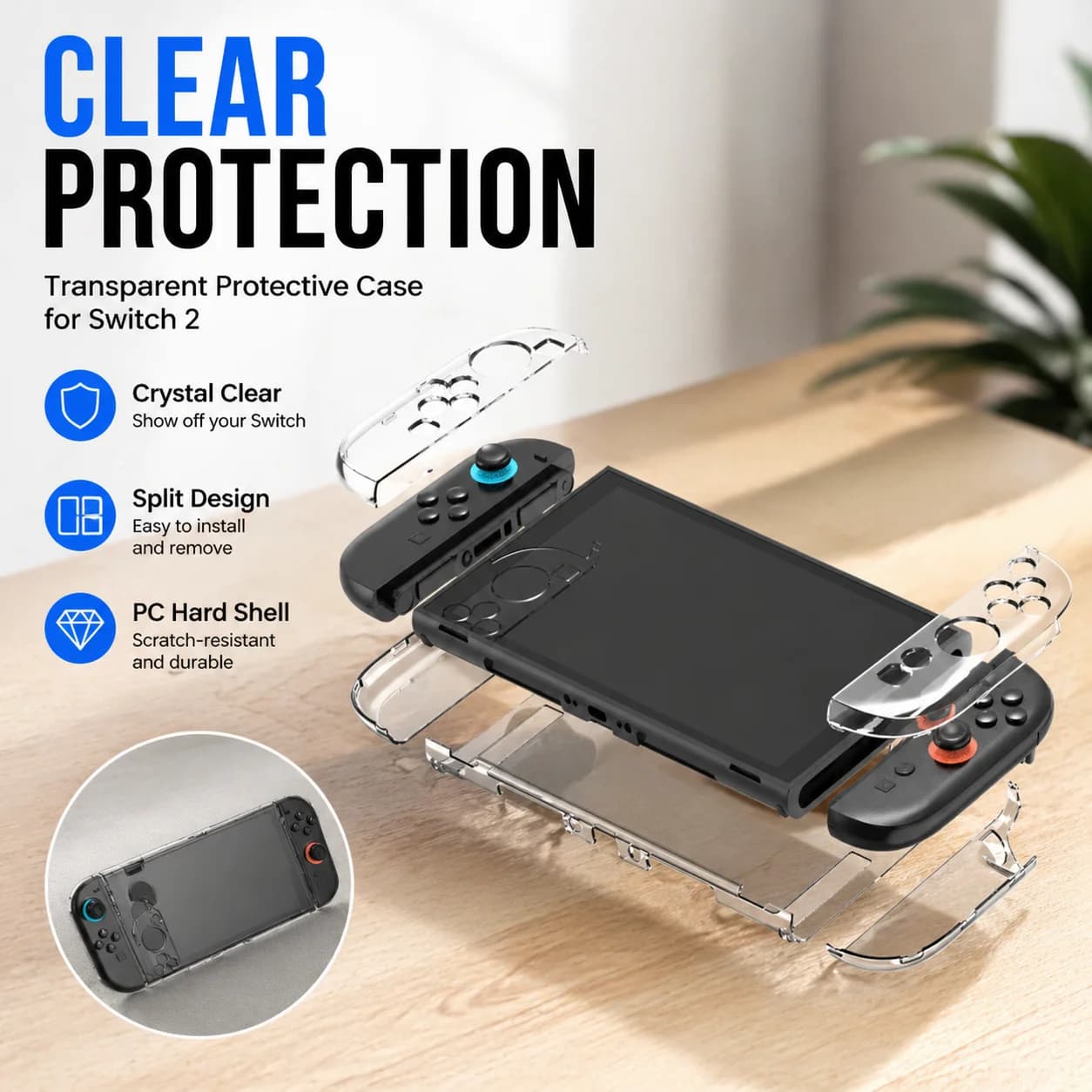 Custodia Protettiva Trasparente per Switch 2, Cover Rigida in PC Cristallino, Design Divisibile