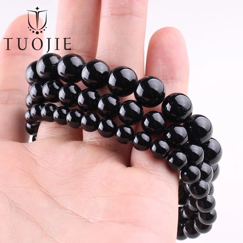 Bracciale con Perle di Tormalina Nera Naturale 6 8 10mm, Bracciali con Perle di Gemme Rotonde Lisce Autentiche per Donne, Gioielli Economici alla Moda