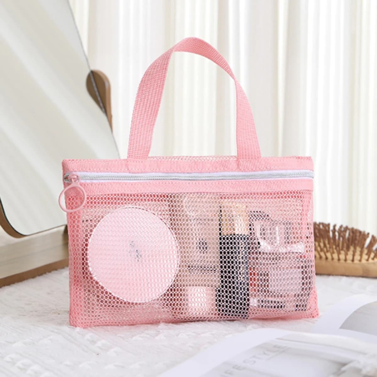 Pink Mesh Multi-Pocket Mini Makeup Bag Swimming Bag Portable Travel Storage Bag Portable Bath Bag Beach Bag One Pack