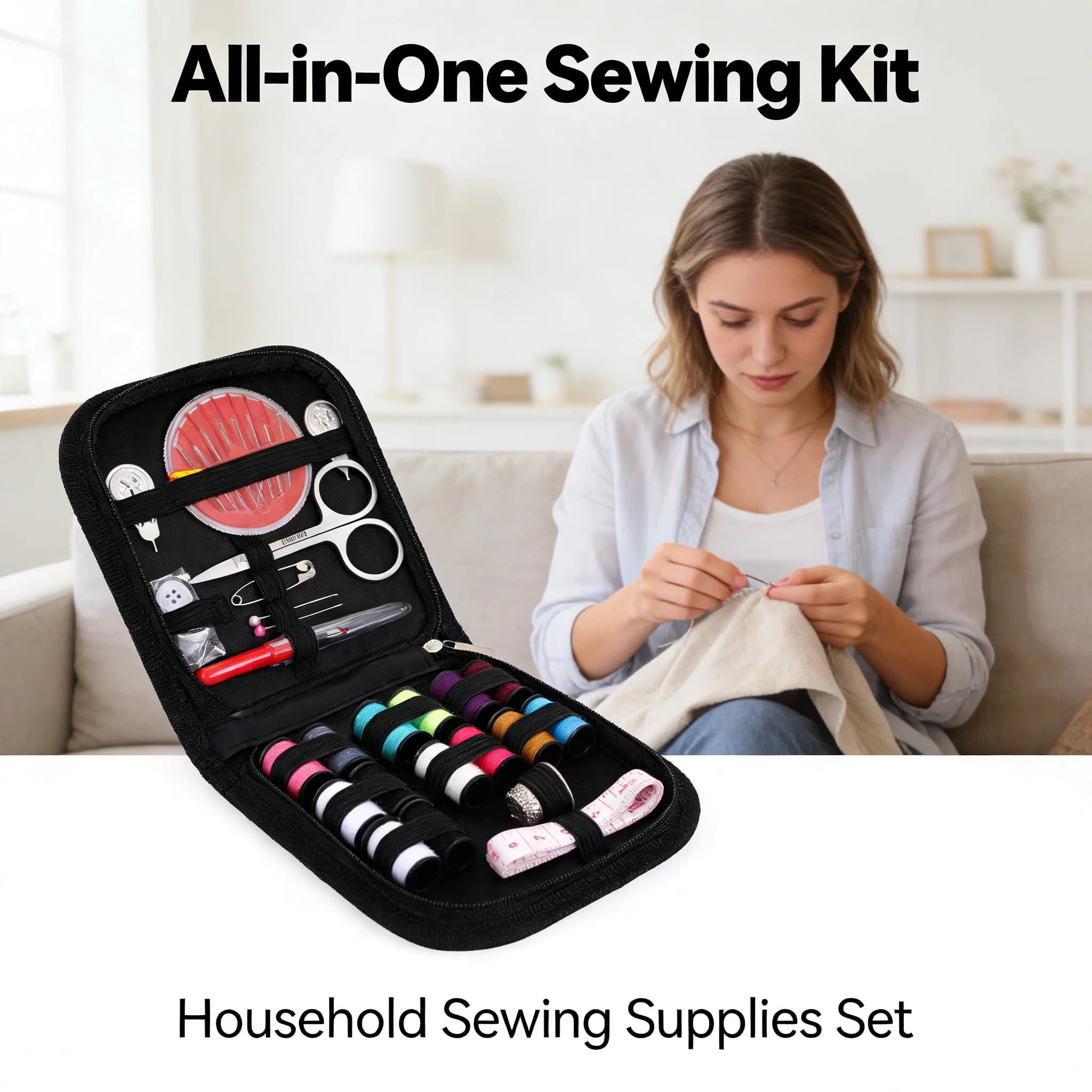 Kit da Cucito Portatile Completo Tutto-in-Uno, Forniture per Cucito Domestico con Filo, Forbici e Aghi per Riparazioni a Casa e in Viaggio