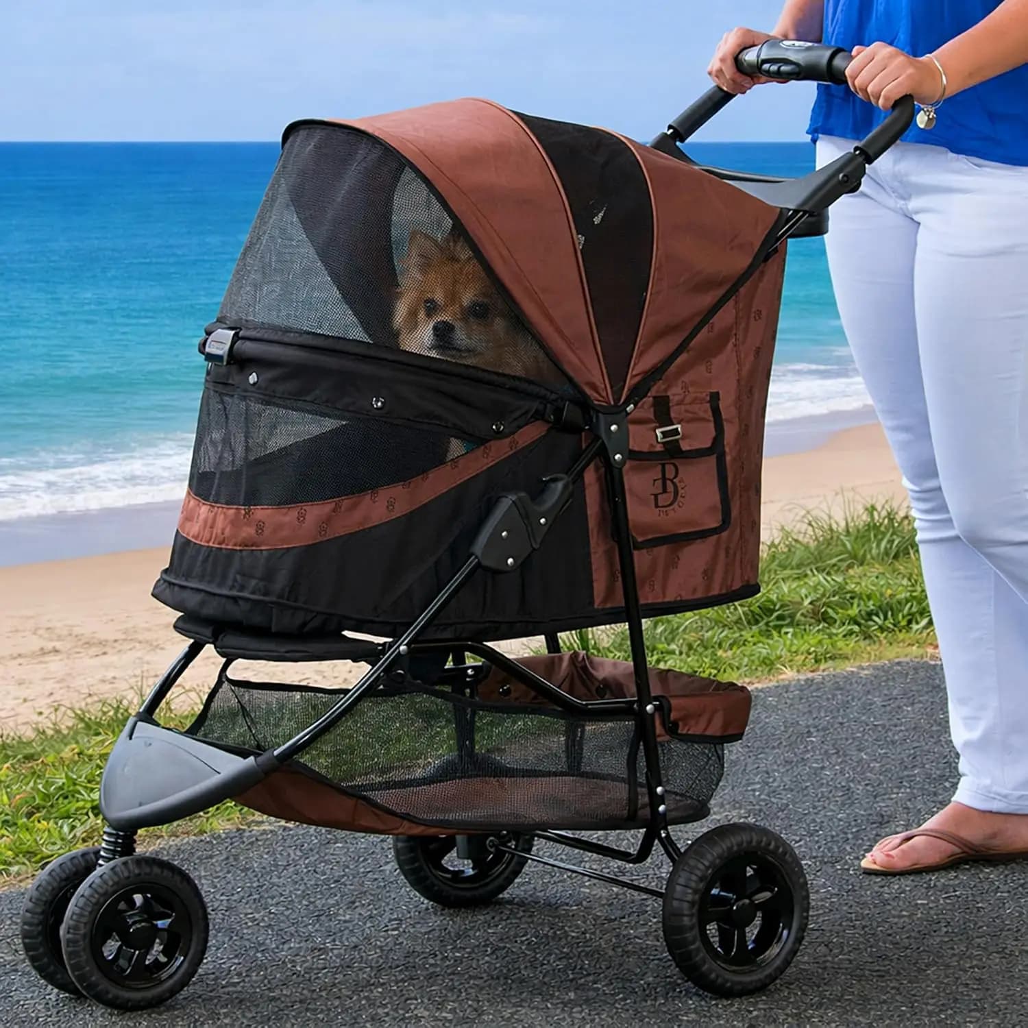 Passeggino a 3 ruote per animali domestici: Ingresso senza cerniera, Chiusura facile con una mano, Fodera rimovibile, Portabicchieri