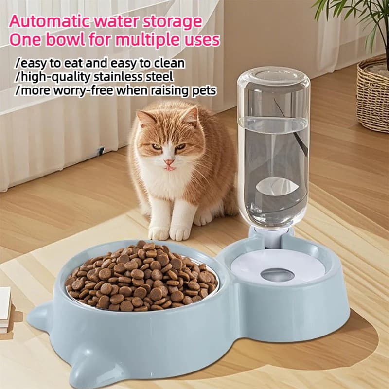 Pet Bowl Cat Automatic Water Drinker Neck Protection Double Bowl Anti-knock Dog Food Basin Stainless Steel Dog Bowl Feeding