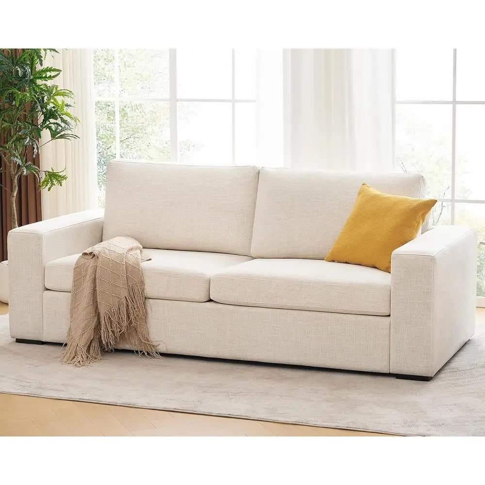 85 Comfortable 3-Seater Cloud Sofa with Removable Cover, Wide Armrests, Plush Cushions, Ideal for Small Spaces, Linen Beige