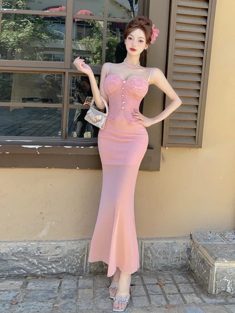 Elegant Mesh Low Cut Strap Base Dress Sweet Sexy Backless Sleeveless Slim Fit Fish Tail Wrap around Skirt French Style High W...