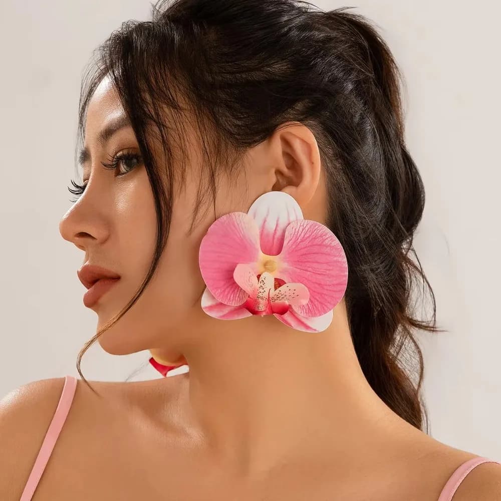 Orecchini Pendenti con Fiori Grandi ed Esagerati, Orchidea Rosa a Farfalla, Gioielli Unici per Feste e Cene, Regalo per Donne e Ragazze