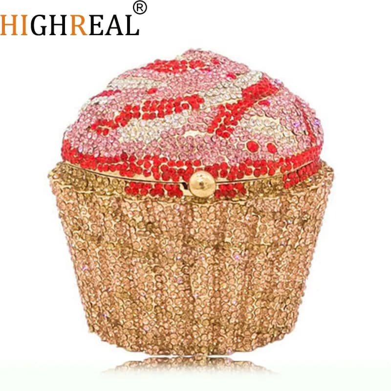 HIGHREAL Borsa da sera a forma di cupcake con strass, mini pochette in metallo scintillante con diamanti, elegante borsetta da donna per matrimoni, feste e balli di fine anno