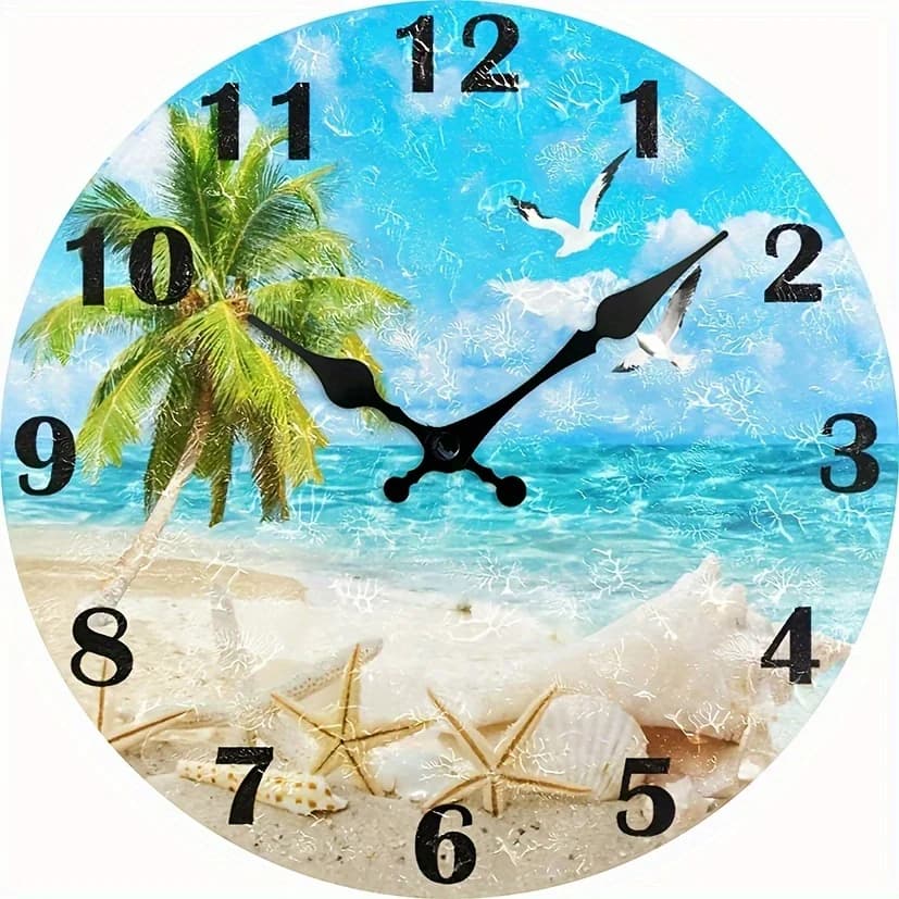Coastal Coconut Tree Beach Theme Silent Wall Clock Round Battery Operated Ideal for Home Decoration and Gifts