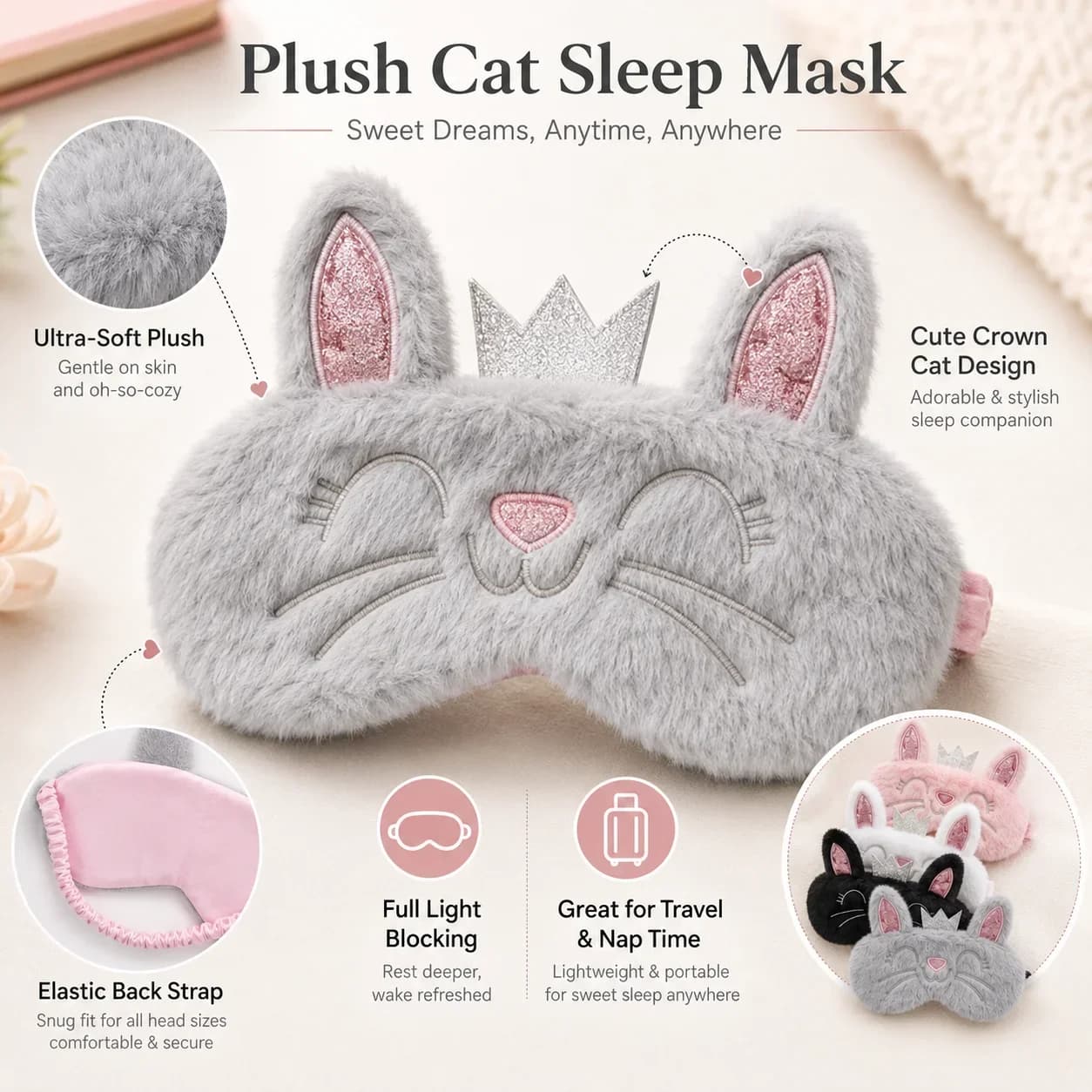 Cartoon 3D Cat Crown Eye Mask, Plush Soft Light Block Blindfold, Skin-Friendly Portable Travel Sleep Cover