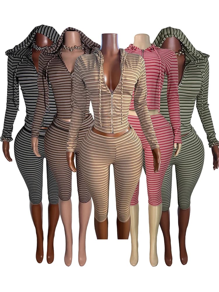 Gtpdpllt Stripe Print 2 Piece Sets Woman Hooded Zip Full Sleeve Slim Crop Jackets+Skinny Peach Hip Capri Pants Street Tracksuits