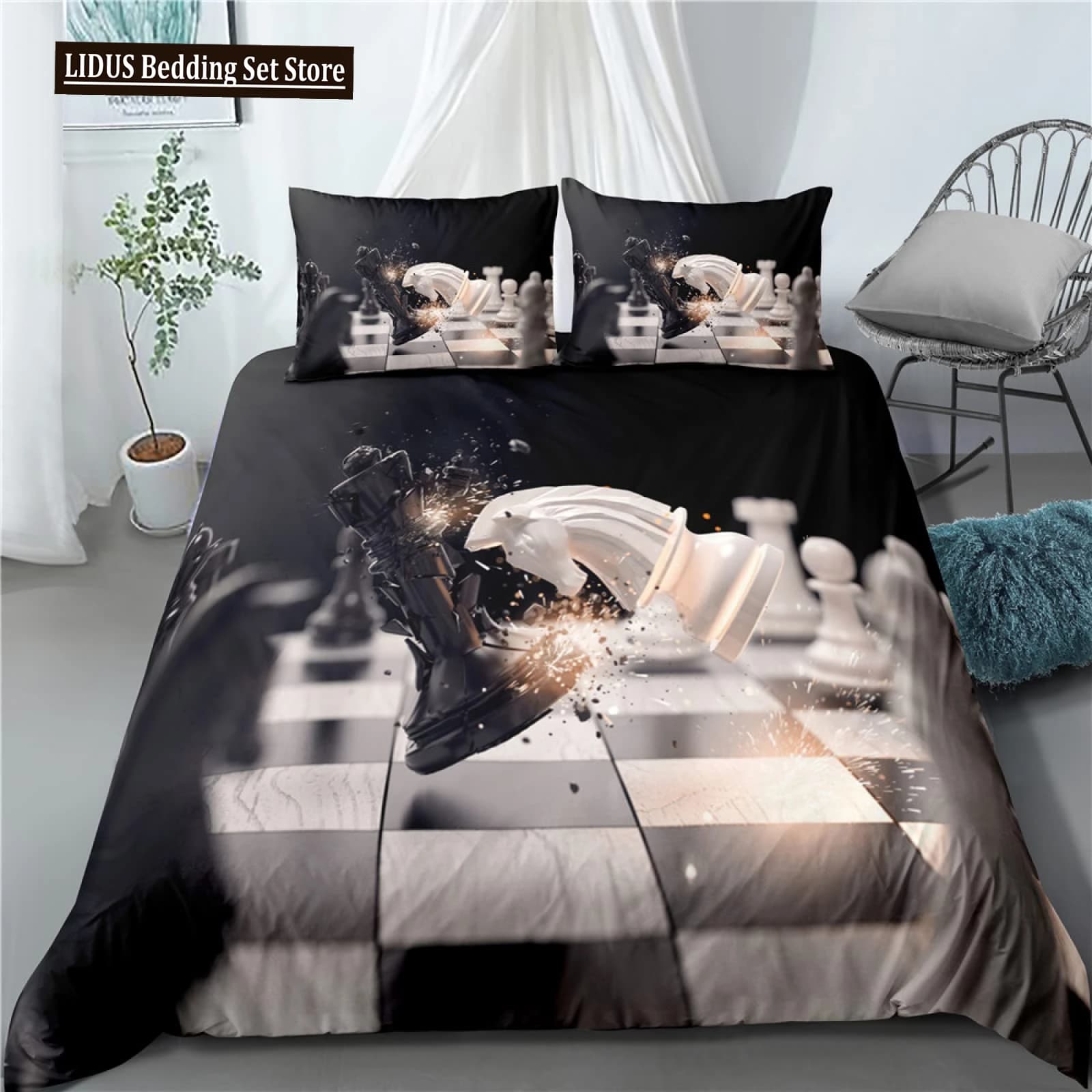 Set copripiumino a scacchi internazionale bianco e nero, copripiumino a scacchiera, set biancheria da letto per bambini e ragazzi