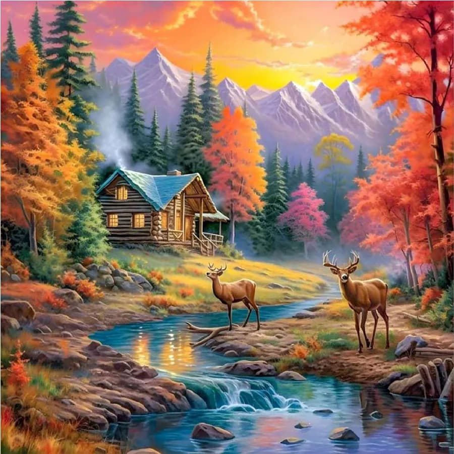 Diamond mosaic yellow red tree Forest Diamond Paintinfg river mountain Kits for Adults 5D DIY Full Drill Diamond Gift Wall Decor