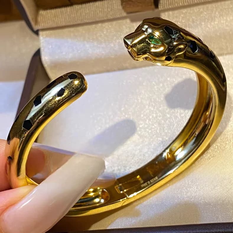 KQDANCE Bracciale Rigido in Argento 925 con Stampa Pantera Nera, Smeraldo Verde a Goccia, Diamante al Carbonio e Leopardo, Placcato Oro 18K