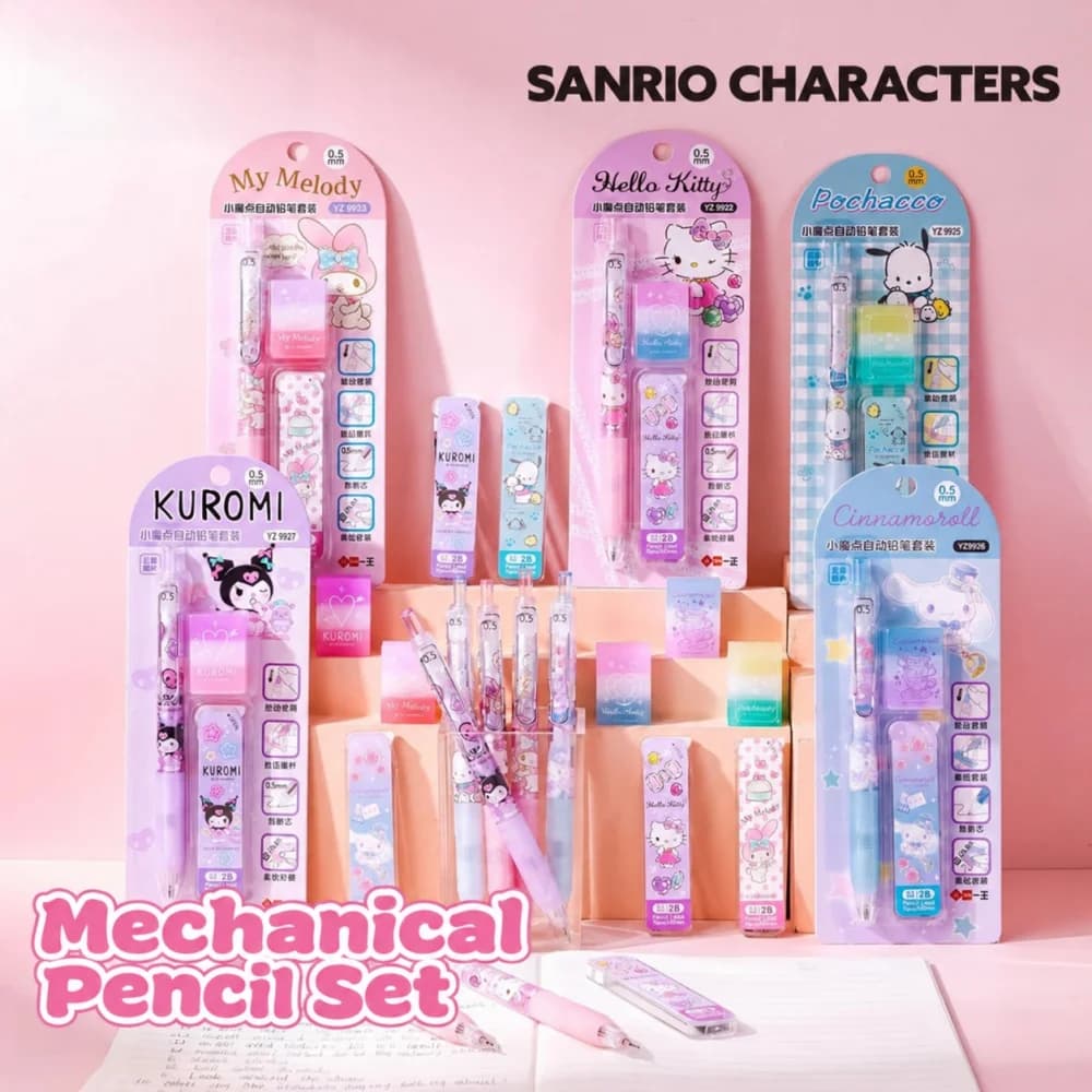 Sanrio Genuine 0.5mm Mechanical Pencil Set Hello Kitty Kuromi My Melody Cinnamoroll Pochacco 2B Lead Eraser School Writing Gift