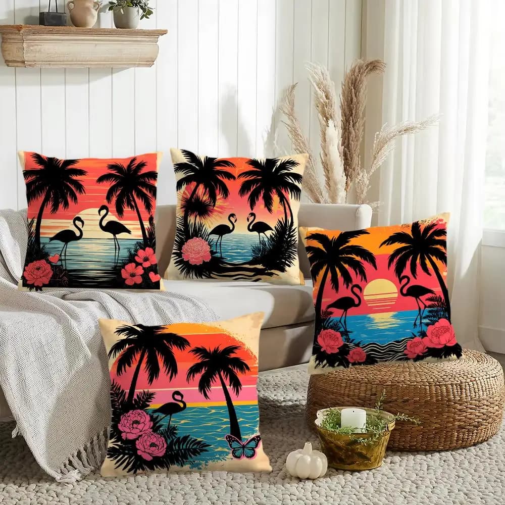 Fodera per cuscino con stampa tropicale di palme e fenicotteri, in lino organico stampato fronte-retro, decorativa per divano e casa