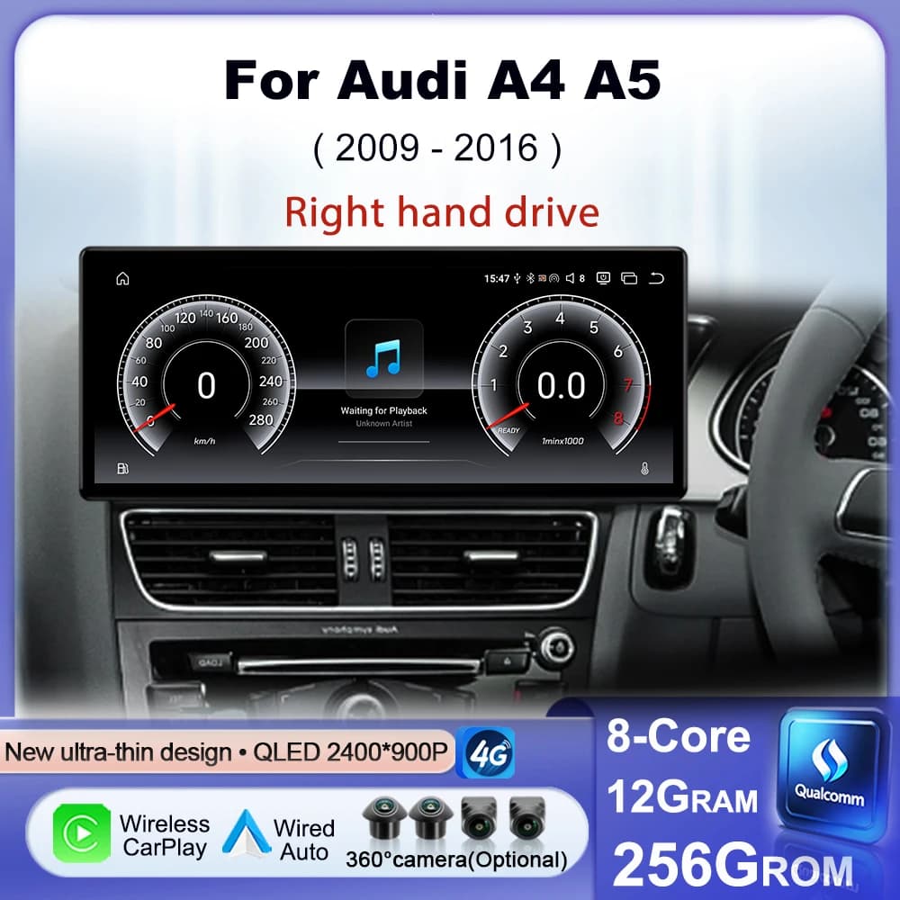 Autoradio Multimediale QLED Touch Screen Wireless CarPlay Android 15 con Navigatore GPS e WIFI per Audi A4 A5 2009-2016 (Guida a Destra)