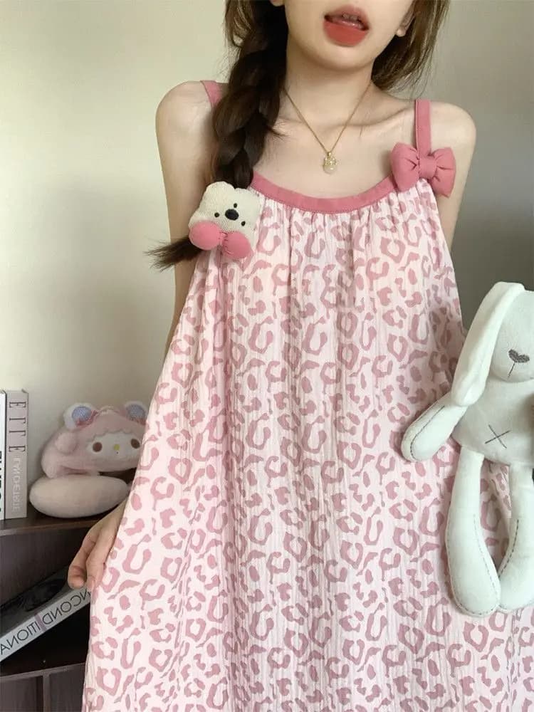 Bow Leopard Print Lolita Nightie Pajamas Dress Pink Summer Women Spaghetti Strap Dress Kawaii Nightgowns Sweet Y2K Loungewear