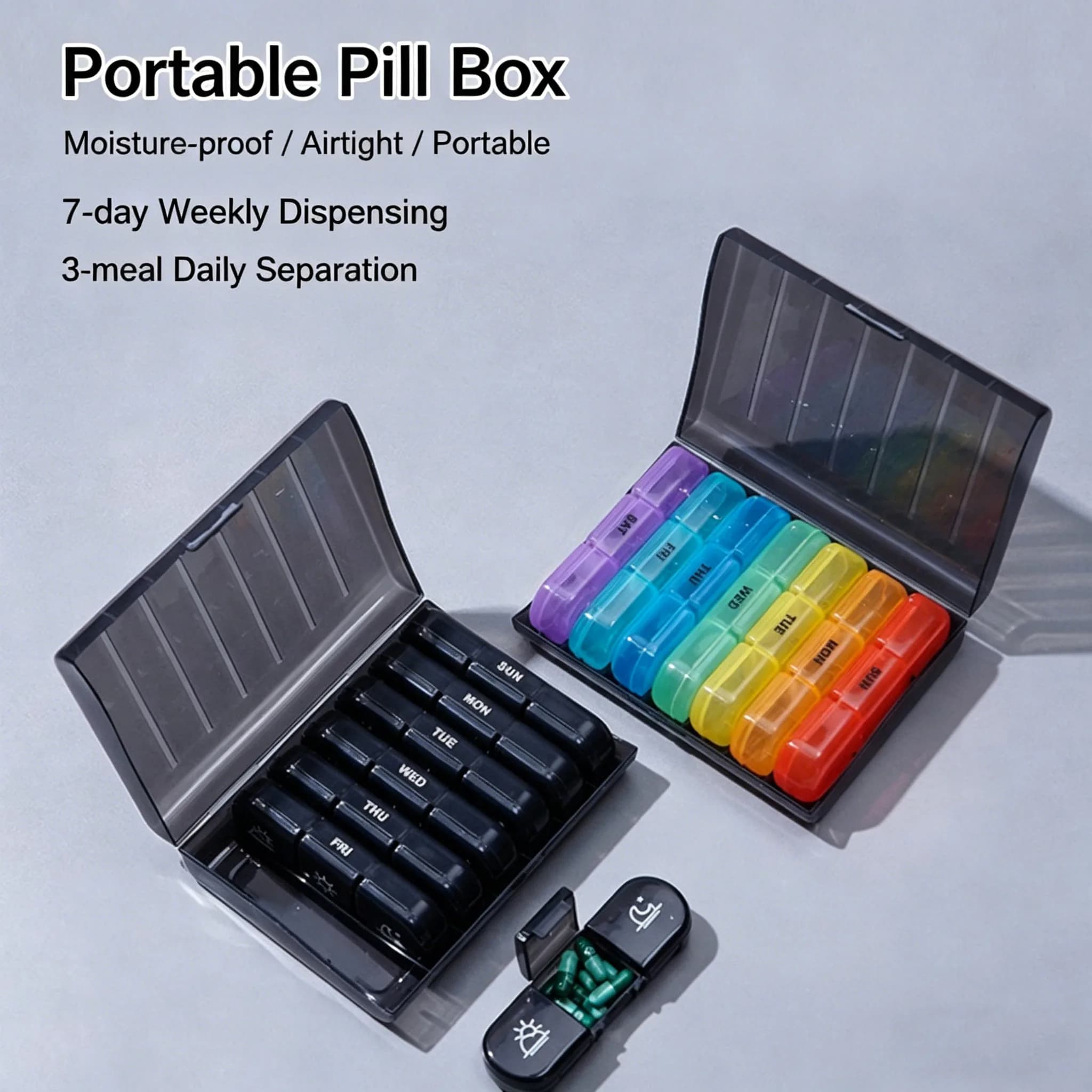 Organizzatore settimanale di pillole per 7 giorni, portapillole portatile da viaggio con 21 scomparti, dispenser per medicinali 3 volte al giorno mattina, pranzo, sera, Sea