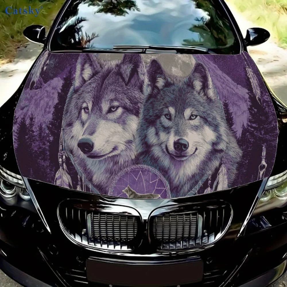 Retro Purple Twin Wolves and Dreamcatcher Car Hood Sticker, Personalized & Trendy Auto Art Decal, Self-adhesive Waterproof Car E