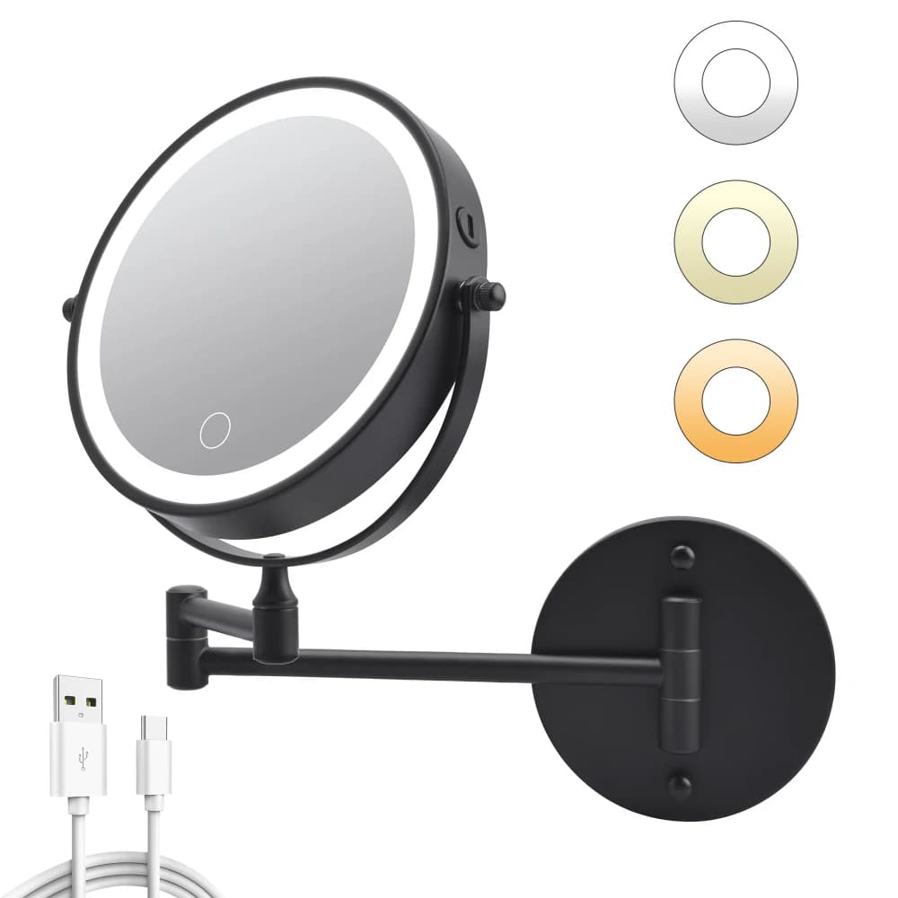 Orraves Rechargeable Wall Mounted Makeup Mirror 8'' Magnifying Mirror with Lights Double-Sided 1X/10 360° Rotation Extension Bathroom Shaving Mirror with Foldable Arm