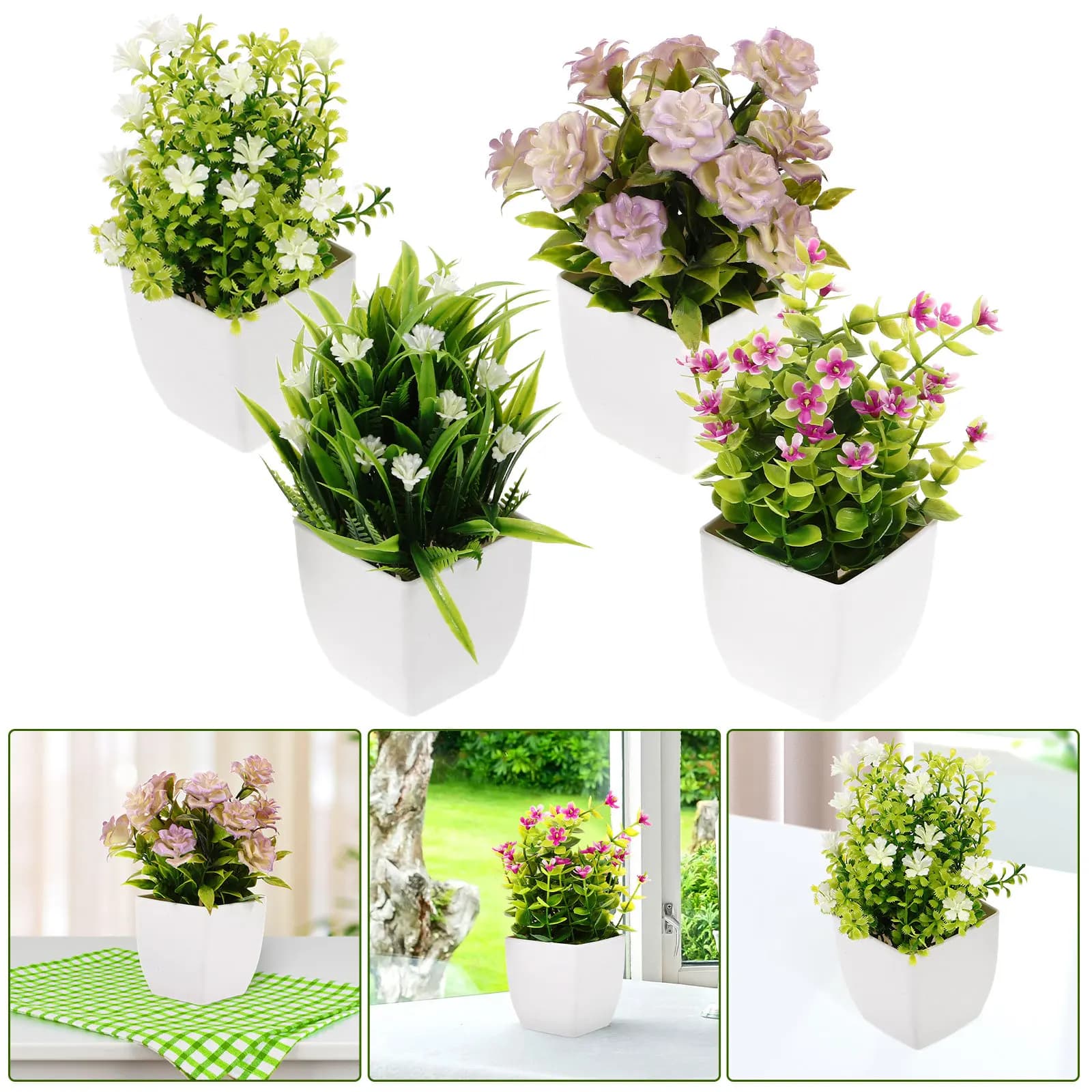 Set di 4 Piante Artificiali in Vaso, Bonsai Realistici, Piccole Piante Verdi per Decorazione Casa, Giardino, Tavolo e Scrivania