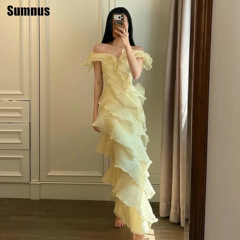 Abiti da sera Sumnus Fairy Mermaid in organza giallo chiaro, abito lungo con volant e spalle scoperte, abito da ballo, abiti da compleanno personalizzati